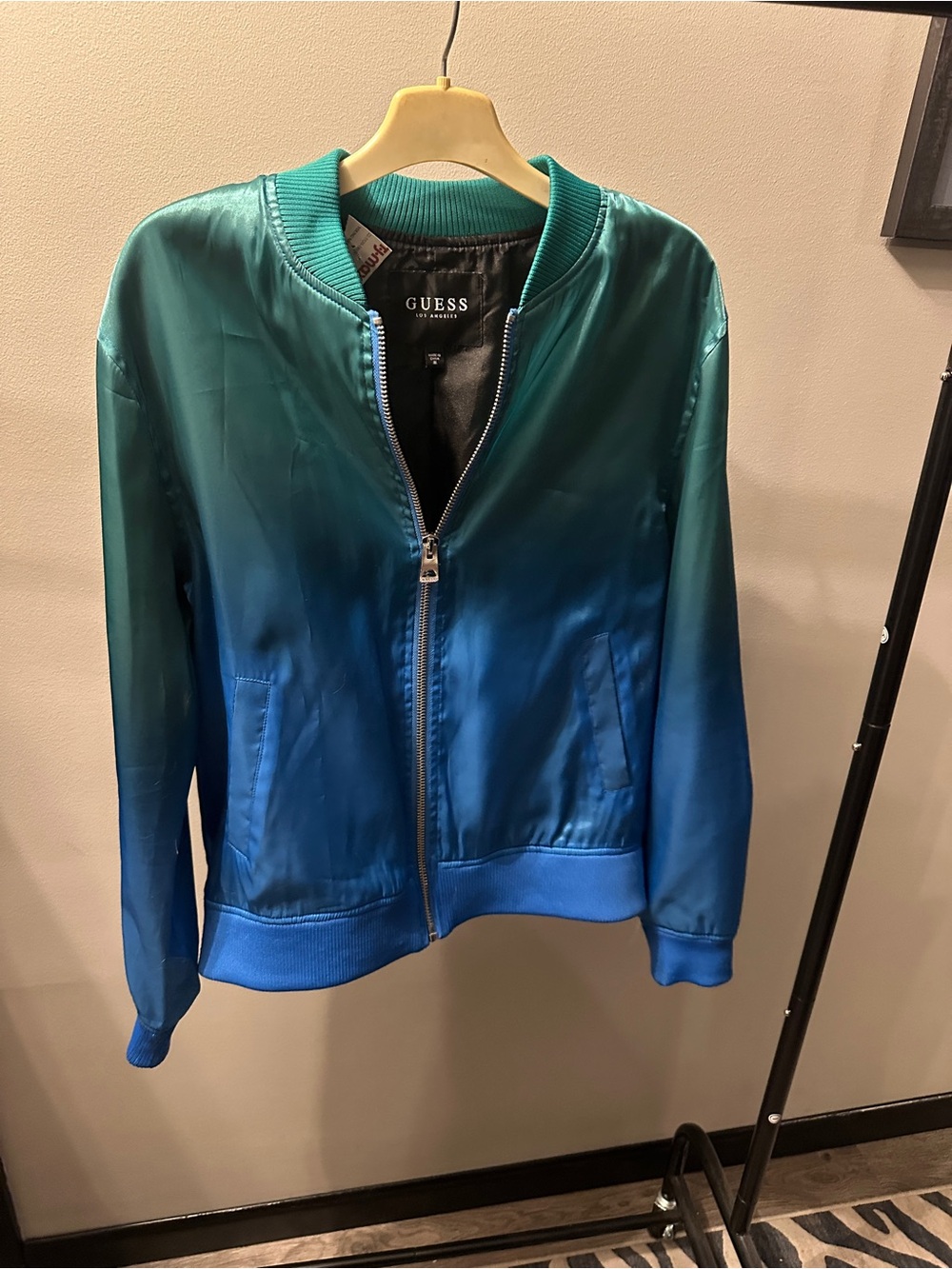 GUESS Teal and Blue Ombre Satin Bomber Jacket
